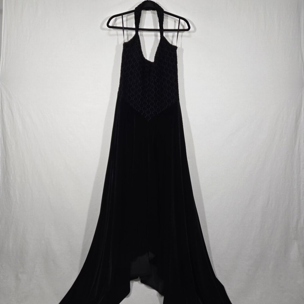 U.S.A Vintage CACHE Black VELVET Ruched Halter Flowy Asymmetrical Formal Dress L